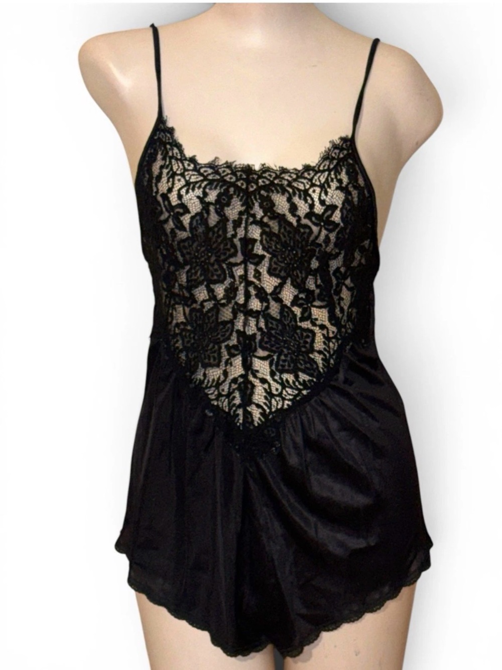 Vintage Flair Teddy Lingerie Bodysuit Black Nylon Frilly Lace Sissy Sz M